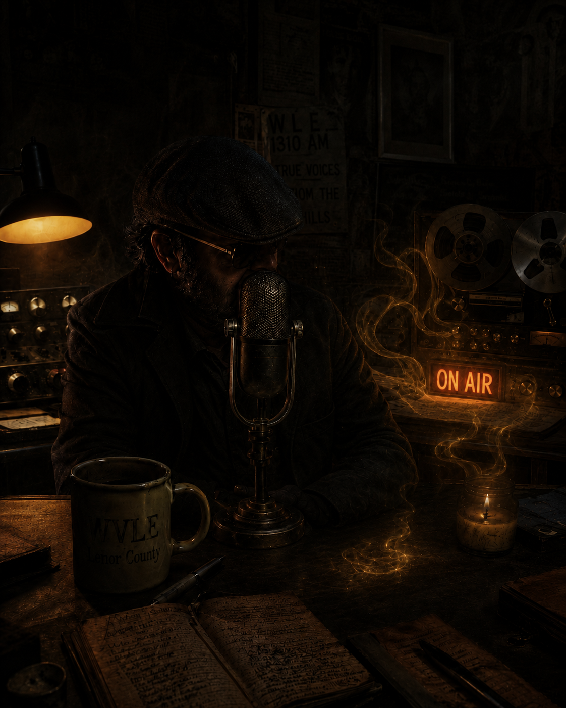 Dog-Boy Dan leaning into the microphone during a late-night broadcast