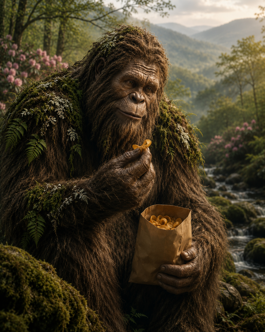Moss-Back in a mountain hollow, calm and ancient with a bag of corn chips