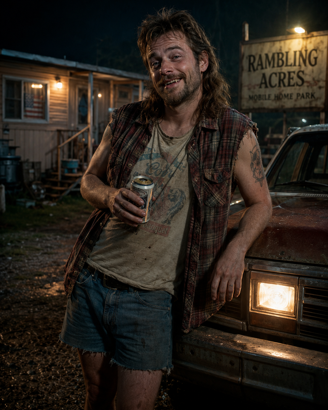 Reggie leaning against a truck at Rambling Acres Mobile Home Park at night